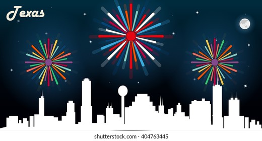 Texas USA skyline silhouette vector design, dark night sky with fireworks