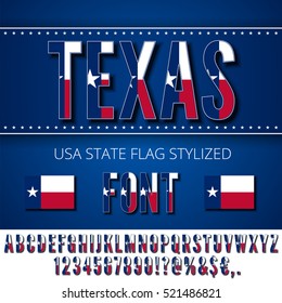 Texas USA state flag font. Alphabet, numbers and symbols stylized by state flag. Vector typeset