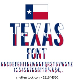 Texas USA state flag font. Alphabet, numbers and symbols stylized by state flag. Vector typeset