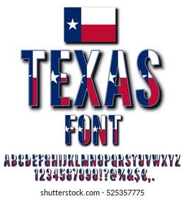 Texas USA state flag font. Alphabet, numbers and symbols stylized by state flag. Vector typeset