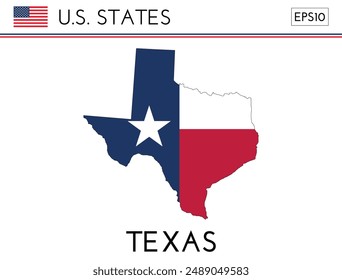 Texas USA state map shape with flag. Map of Texas in the Texas flag colors. Outline map filled with its flag colors. Vector illustration.