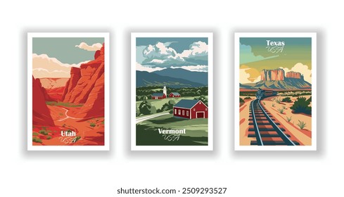 Texas, Utah, Vermont - Cartel de viaje de Antiguas. Ilustración vectorial