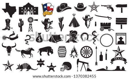 Texas vector icons set (flag, the Battle of the Alamo design, map, spurs, cowboy head, horse, gun, arrow, cactus, sheriff star, hat, boot, horseshoe, football helmet, oil pump jack, bull skull)