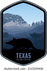 Texas vector label with Nine-banded armadillo and Big Bend National Park 