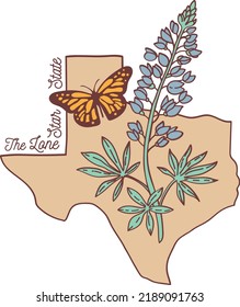 Texas vector map with bluebonnet and monarch butterfly