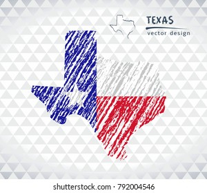 Texas vector map with flag inside isolated on a white background. Sketch chalk hand drawn illustration