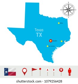 Texas Vector Map Isolated on White Background. High Detailed Silhouette of Texas State. Vector Flag of Texas. 3D Map Markers or Pointers, Navigation Elements. Rose of Wind or Compass Icon