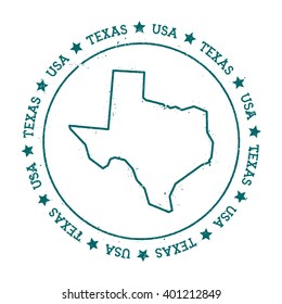 Texas vector map. Retro vintage insignia with US state map. Distressed visa stamp with Texas text wrapped around a circle and stars. USA state map vector illustration.