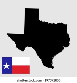 Texas vector map silhouette and vector flag high detailed silhouette illustration isolated on gray background. USA State map and flag.