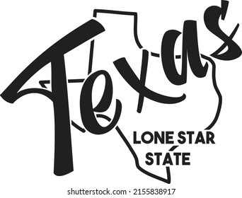 Texas Vector Silhouette. Nickname Lone Star State. Hand-drawn Illustration Map Of The USA Territory. Image For US Poster, Banner, Print, Decor, United States Of America Card, T-shirt