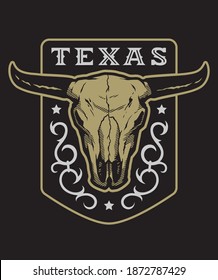 Texas, vintage emblem with bull skull on a dark background.