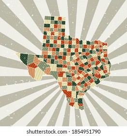 Texas vintage map. Grunge poster with map of the us state in retro color palette. Shape of Texas with sunburst rays background. Vector illustration.