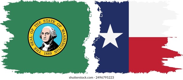 Texas and Washington states grunge brush flags connection, vector