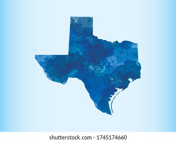 Texas watercolor map vector illustration of blue color on light background using paint brush in paper page