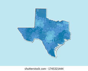 Mapa de acuarela de Texas ilustración vectorial de color azul con línea de borde sobre fondo claro usando pincel de pintura en la página