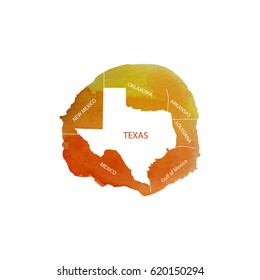 Texas. Watercolor territory U.S. state of Texas with the names of neighboring States. Vector illustration