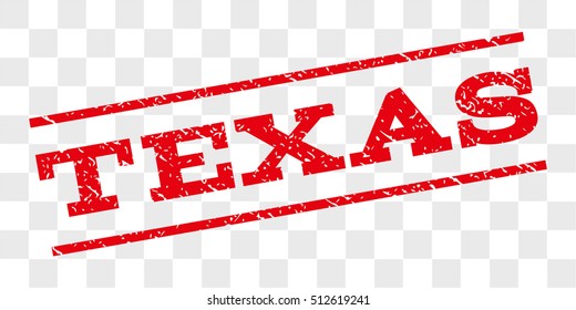 Texas watermark stamp. Text caption between parallel lines with grunge design style. Rubber seal stamp with dirty texture. Vector red color ink imprint on a chess transparent background.