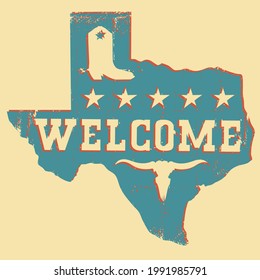 Silhouette texane de carte de bienvenue avec crâne de taureau et bottes de cowboy sur fond vieux papier. Illustration vectorielle carte du Texas silhouette bleue rouge 