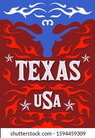 Texas Western Style Design, Longhorn Bull American Theme illustration.