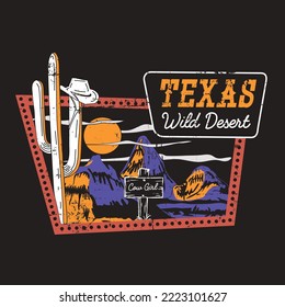 Texas Wild Desert In Cow Girl, Retro Cowgirl . Colorful Retro  T-shirt Or Poster Design Of Wild Side. Illustration Of Cowgirl Boot With Western Hat Vector Design.