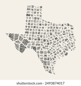 Texas Word Cloud. State with counties division. Texas typographic text clouds vector image design. Vintage gazette style state shape image. Classy vector illustration.