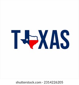 Texas word design with map on letter E.