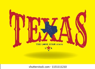 Texas word with map and nickname The Lone Star State, Vector EPS 10.