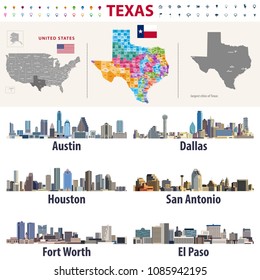 Texas's vector high detailed map showing counties formations. Largest cities skylines of Texas