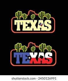 Texas-themed neon sign with mountains, desert, flags, cactus plants, and text, can be used for tourism promotions, city merchandise, enamel pins, clothes, stickers