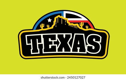 Texas-themed neon sign with mountains, desert, flags, cactus plants, and text, can be used for tourism promotions, city merchandise, enamel pins, clothes, stickers