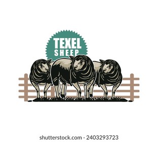 TEXEL SUPERIOR SHEEP BREEDER LOGO, silhouette of great ram standing in farm vector illustrations svg