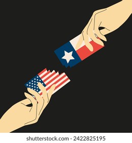 TEXIT concept. Hand holding American and Texas flag. Broken relationship in country. Texas exit USA art isolated black background. Vector illustration for web and social media.