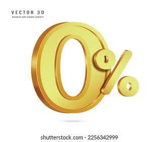 text 0% gold 3D floating on a white background,vector for advertising promotion design about 0% interest or fee reduction,vector  isolated for business and financial concept design,zero percent