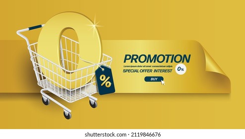Text 0 gold 3d in shopping cart and has a % sign hanging and all object floated and in front of the golden ribbon for promotions to reduce fees and taxes,vector 3d isolated for advertising business