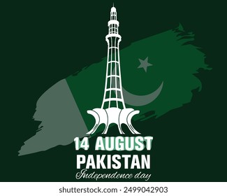 The text "14 August" and "Pakistan Independence Day" is prominently displayed below the Minar-e-Pakistan, with "14 August" in bold, eye-catching font, and "Pakistan Independence Day" in an elegant scr