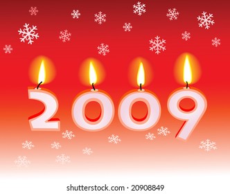 Text 2009 with candles and snowflaces. Vector illustration