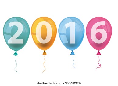 Text 2016 with colored balloons on the white background. Eps 10 vector file.
