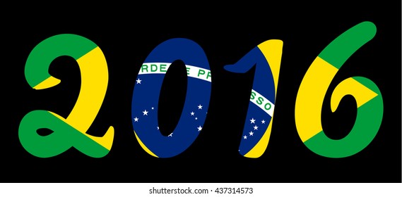 Text "2016" over brazilian flag with clipping mask, over black background