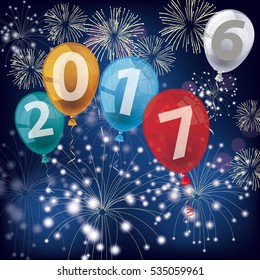 Text 2017 with colored balloons and fireworks on the blue background. Eps 10 vector file.