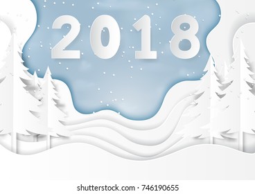 Text 2018 on snow and winter season with nature landscape background for merry christmas and happy new year paper art style.Vector illustration.