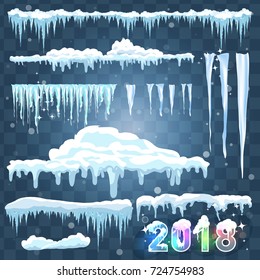 Text 2018. Snow ice icicle set Winter design. White blue snow template. Snowy frame decoration isolated on blue background. Cartoon style. Christmas, New Year frozen ice texture