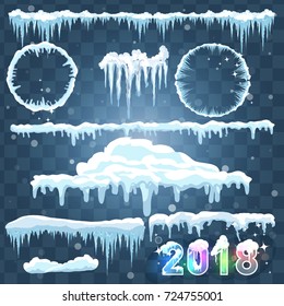 Text 2018. Snow ice icicle set Winter design. White blue snow template. Snowy frame decoration isolated on blue background. Cartoon style. Christmas, New Year frozen ice texture