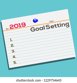 Text 2019 Goal Setting on notebook with creative design for your greetings card, flyers, invitation, posters, brochure, banners, calendar. Blue background