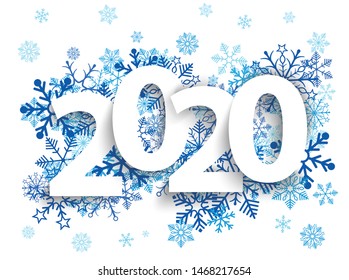 Text 2020 with blue snowflakes on the white background. Eps 10 vector file.