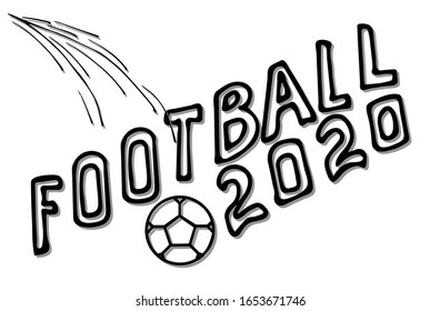 Text 2020 football and ball drawing, hand-drawn. Vector stock illustration.