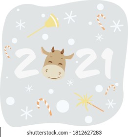 Text 2021 year with a cute cow.  Lettering 2021 with a bull on light background with falling snow, bell, lollipops, sparkler vector flat cartoon illustration. Winter card, poster. New year, Christmas.