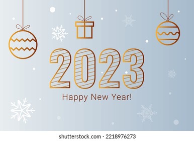 text 2023 and Happy New Year on a light blue background with snowflakes and Christmas decorations