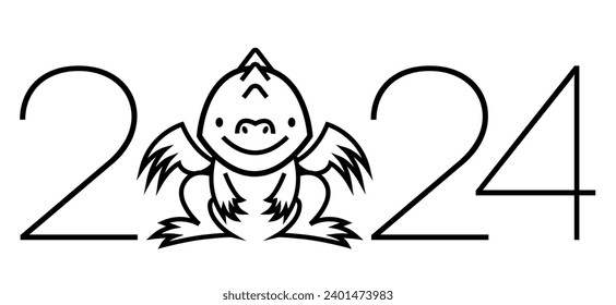 Text 2024 mit süßem kleinen Drachen, schwarz-weißem Zeichen