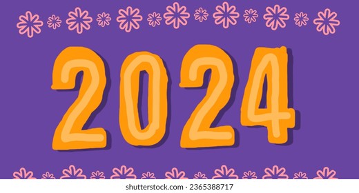 Text 2024 with flower purple background. Happy spring. Greeting new year celebration 