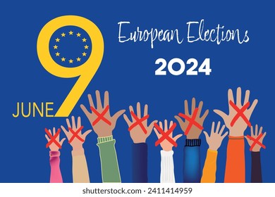 Text 2024 June 9 - European Elections. People raising hands. cross check marks and European Flag Background with Stars. flat vector illustration.